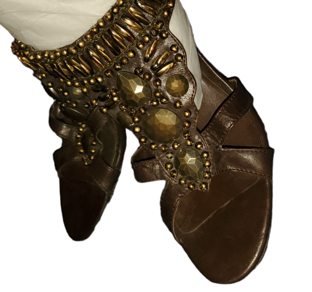 Brown Embellished Open-Toe Heels|Used