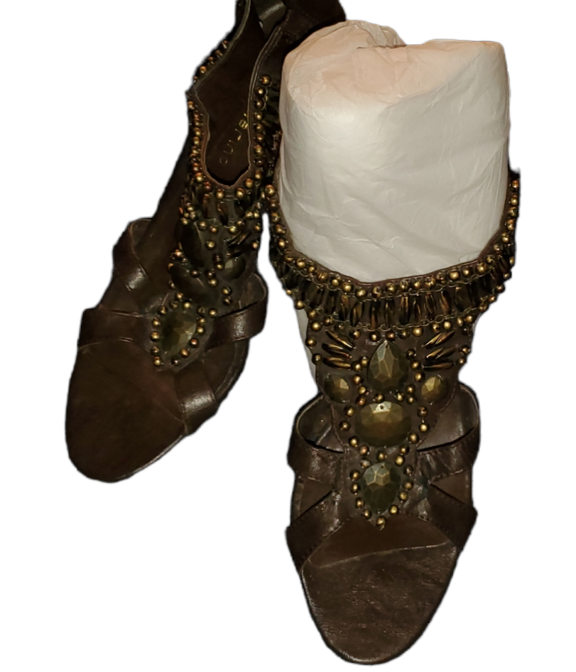 Brown Embellished Open-Toe Heels|Used