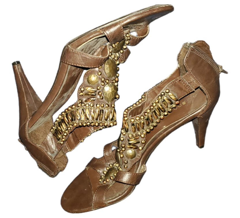 Brown Embellished Open-Toe Heels|Used