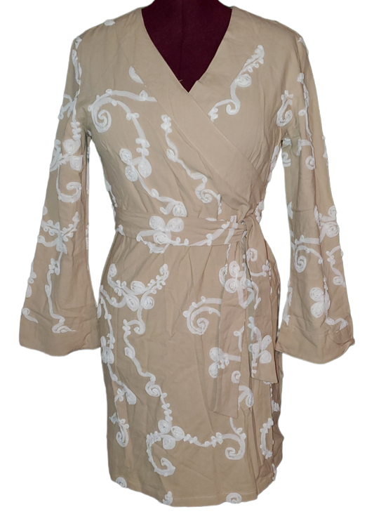 Stunning Beige with White Rose Design|Long Shirt or Dress