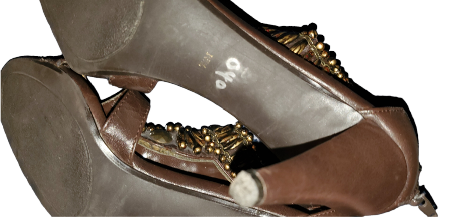 Brown Embellished Open-Toe Heels|Used
